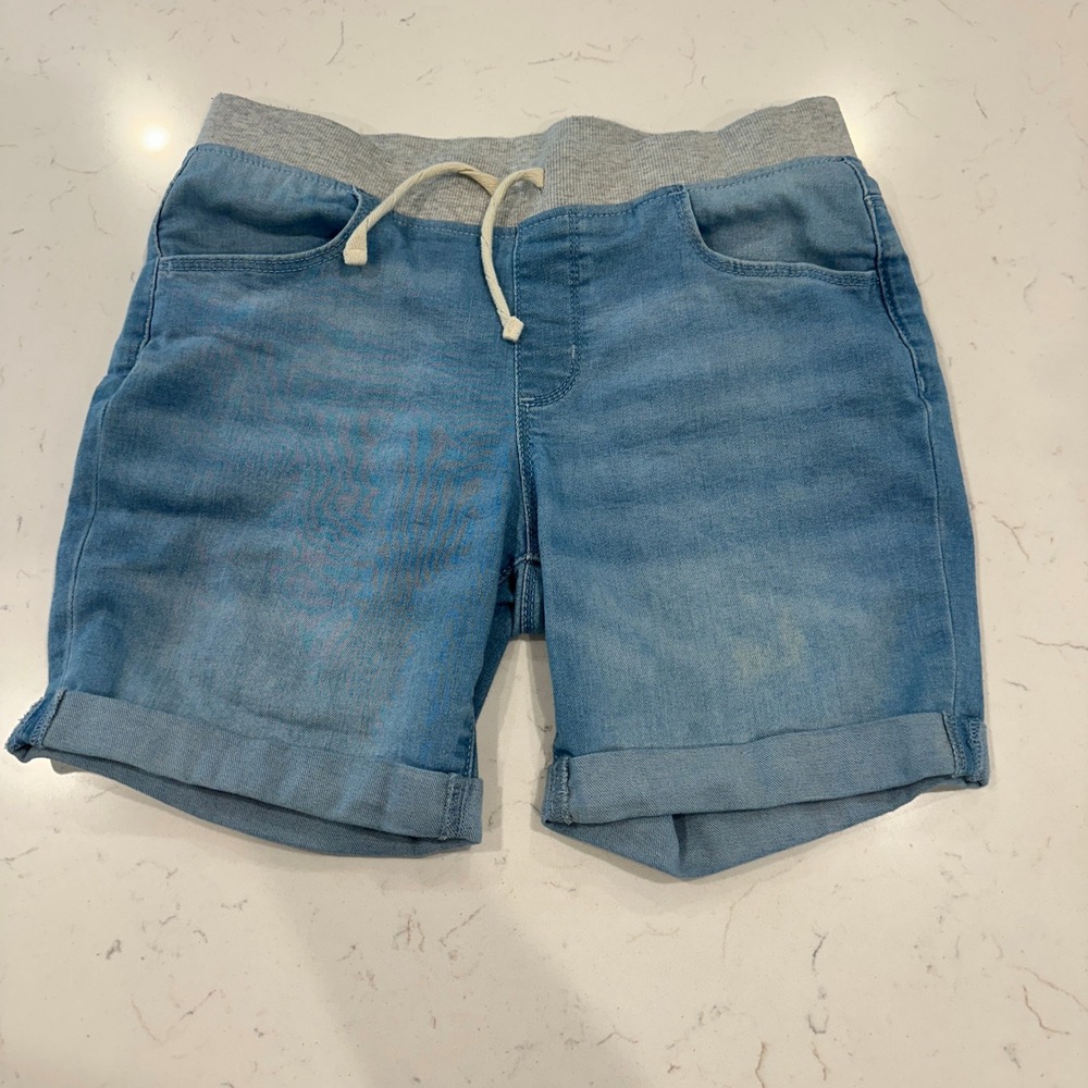 Wonder Nation Boys XL 14-16 Blue Denim Shorts Gray Ribbed Waistband Drawstring